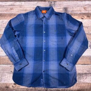 Merrell Mens Medium Blue Ombre Plaid Long Sleeve Button Down Cotton Hiking Shirt